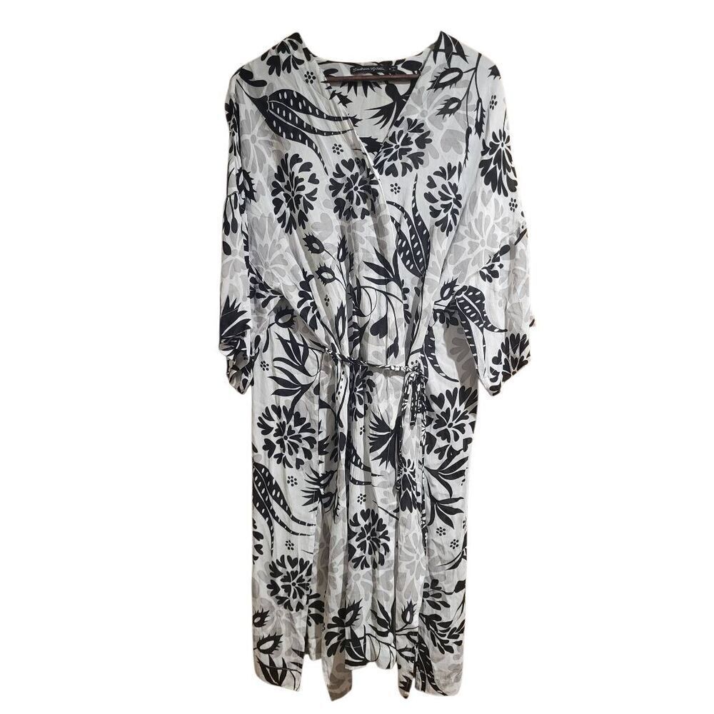 Gudrun Sjoden Kimono Wrap Womens Medium Black White Floral Cover Up Tunic Resort